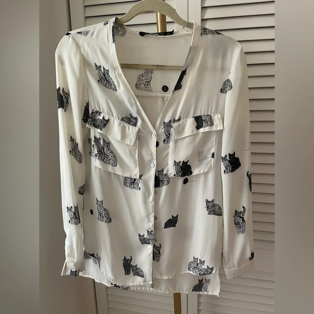 Zara White Blouse with Black Cat Print size XS